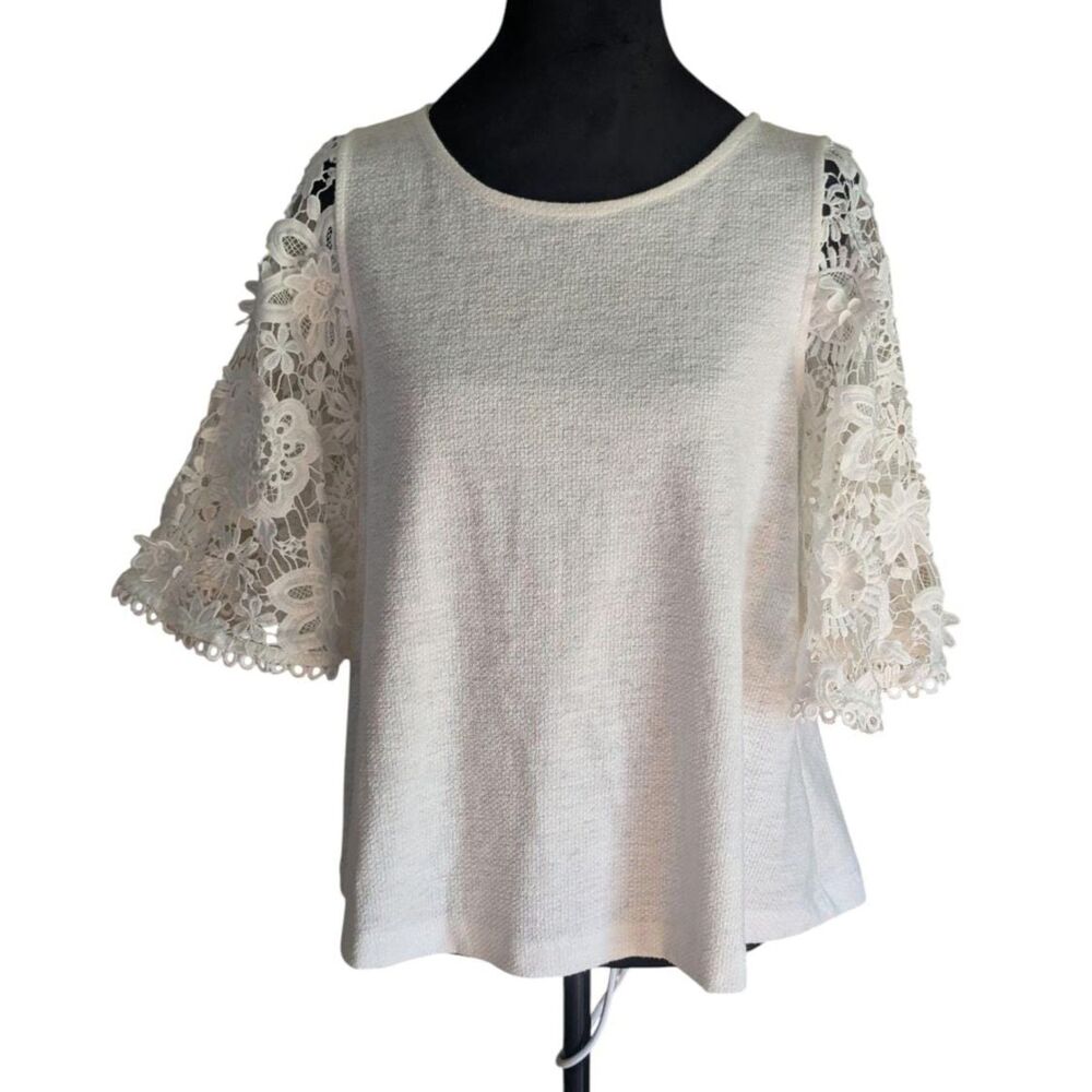 Anthropologie Eri + Ali Lace Bell Sleeve Top XS White Textured Crocheted